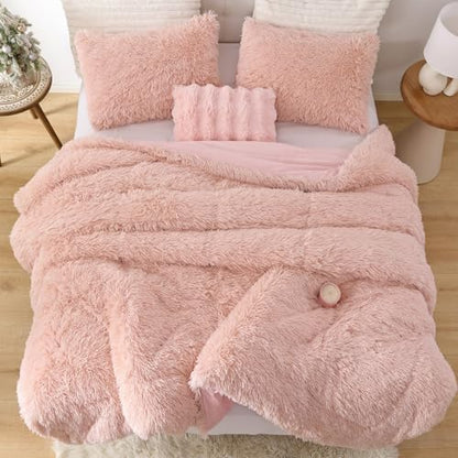 Smoofy Fluffy King Size Comforter Set, Blush Pink Faux Fur Comforter 3 Pcs
