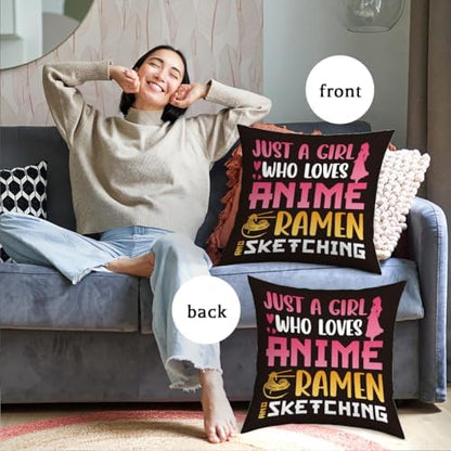 Anime Decor, Just a Girl Who Loves Anime Ramen Anime Room Decorative Throw Pillow Covers, Girls Anime Gifts Anime Lovers for Home Living Room Girl Women Bedroom Decoration Gifts Black