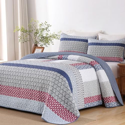 WONGS BEDDING Boho Quilt King Size, Patchwork Bedding Set, Blue Red
