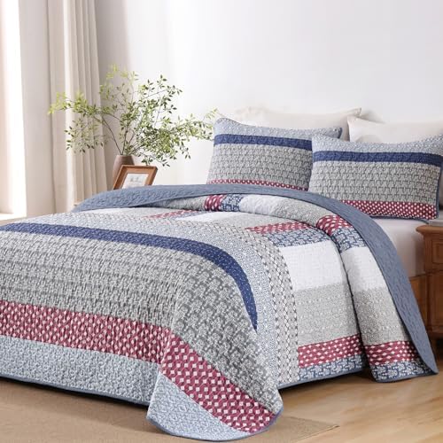 WONGS BEDDING Queen Size Quilt Set, Boho Striped Patchwork Bedspread