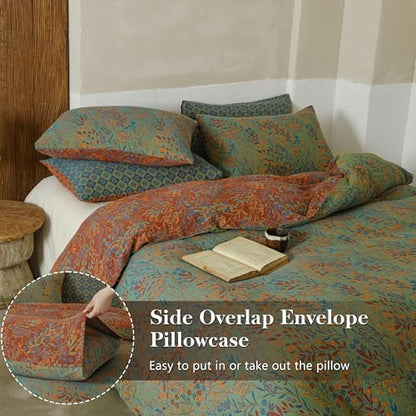 Simple&Opulence Muslin Duvet Cover Set Queen Size, 100% Washed Cotton 3 Pieces Yarn-Dyed Vintage Green Red Floral Jacquard Textured Bedding, Soft & Breathable Gauze Comforter Cover with Zipper Closure