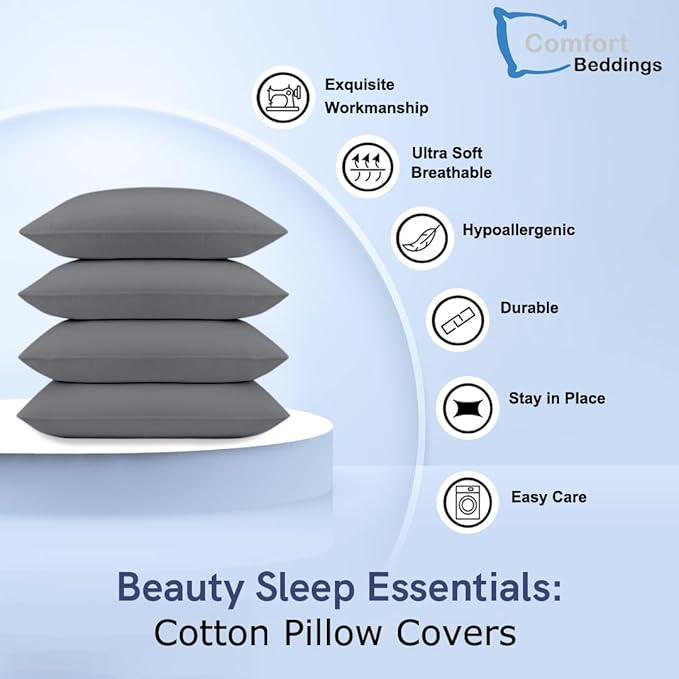 Comfort Beddings Standard Pillowcases Set of 4 – 100% Organic Cotton, 600 Thread Count Sateen, Soft & Comfy Pillow Covers with Envelope Closure, Grey, Standard Size 20 x 26 Inches