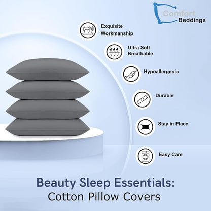 Comfort Beddings Standard Pillowcases Set of 4 – 100% Organic Cotton, 600 Thread Count Sateen, Soft & Comfy Pillow Covers with Envelope Closure, Grey, Standard Size 20 x 26 Inches