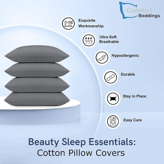 Comfort Beddings Standard Pillowcases Set of 4 – 100% Organic Cotton, 600 Thread Count Sateen, Soft & Comfy Pillow Covers with Envelope Closure, Grey, Standard Size 20 x 26 Inches