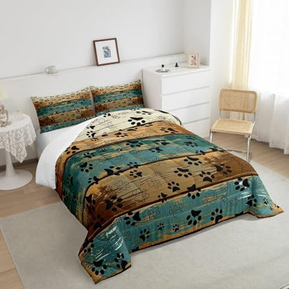 Manfei Dog Paw Comforter Set Full Size, Cartoon Animals Claw Print Bedding Set 3pcs, Rustic Farmhouse Down Comforter for Kids Boys Girls Room Decor, Brown Teal Wooden Plank Bed Set for All Season