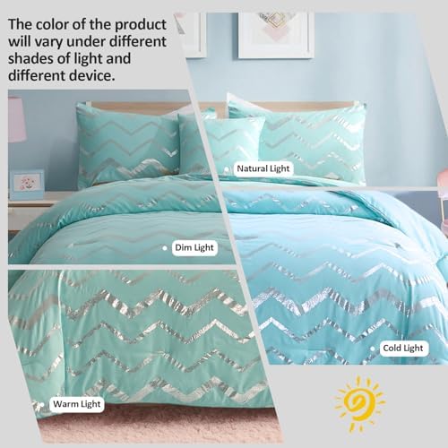 Menghomeus Aqua/Silver 3 Piece Comforter Set Twin XL Size Bed Sets for Kids