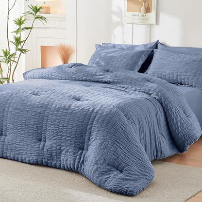 HYMOKEGE Nordic Blue California King Comforter Set Seersucker 7 Pieces, All Season Luxury Bed in a Bag for Bedroom, Bedding Set with Comforter, Sheets, Pillowcases & Shams