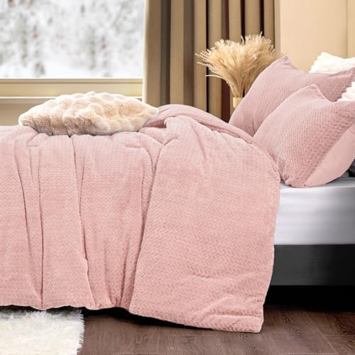 ChiXpace Fleece King Size Comforter Set Pink, Fluffy Bed Set 3 Pieces