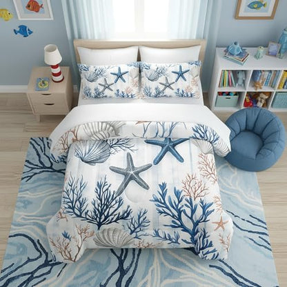 QOOMO Coastal 7 Pieces Comforter Set Twin Size,Coral Starfish Bedding Set