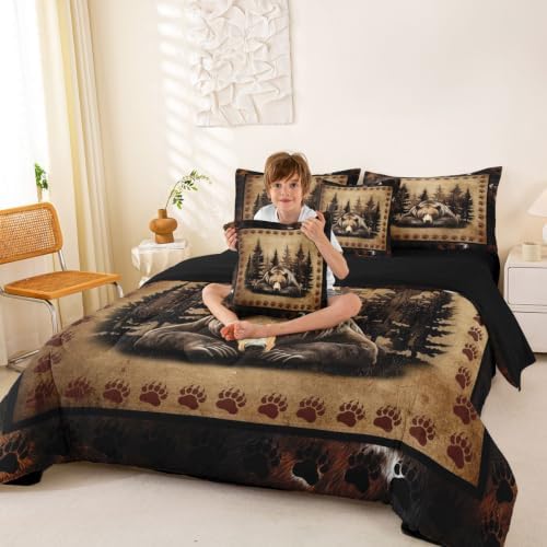 Erosebridal Grizzly Bear Bedding Set Queen Vintage Woodland Animal Comforter Set 7 Piece Hunting Wildlife Bear Paw Bed in A Bag for Kids Adults Farmhouse Forest Cabin Quilt with Flat Fitted Sheet