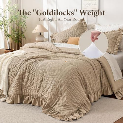 JOLLYVOGUE Khaki Twin/Twin XL Comforter Set, 2 Pieces Seersucker Lightweight Fluffy Bedding Set, Twin Ruffle Comforter, All Season Soft Microfiber Shabby Chic Bed Set