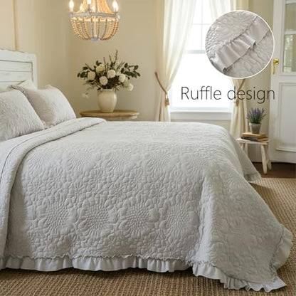 BOV Dark Grey Ruffled Quilt Set King, Stone-Washed Farmhouse Bedding
