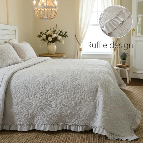 BOV Dark Grey Farmhouse Quilt Set Queen,Ruffled Stone-Washed Bedding
