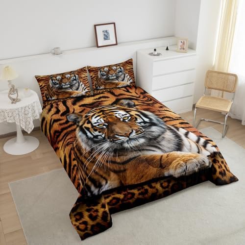 Tiger 3D Print Comforter Set Twin Size Wild Animals Bedding Set 2pcs for Kids Teens Room Decor,Animal Fur Quilt Set Soft Breathable Duvet Insert with 1 Pillowcase