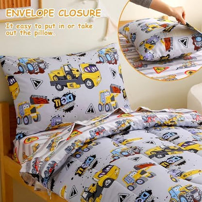 Mooreeke Toddler Bedding Sets for Boys, 4 Pieces Grey Heavy-Duty Vehicles