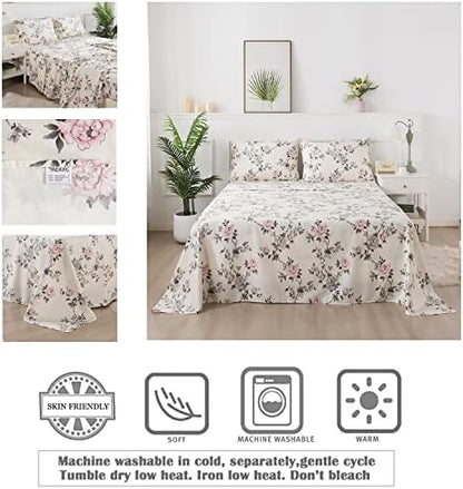 FADFAY Floral Sheets Set Twin Vintage Rose Floral Bedding Shabby Grey and Pink Peony Print Sheets Farmhouse Bedding 800 Thread Count 100% Egyptian Cotton Soft Deep Pocket Fitted Sheet 4Pcs, Twin Size