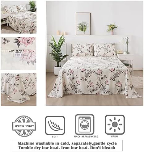 FADFAY Floral Sheets Set Twin XL Vintage Rose Floral Bedding Shabby Grey and Pink Peony Printed College Dorm Bedding 800 Thread Count 100% Egyptian Cotton Deep Pocket Fitted Sheet 4Pcs, Twin XL Size
