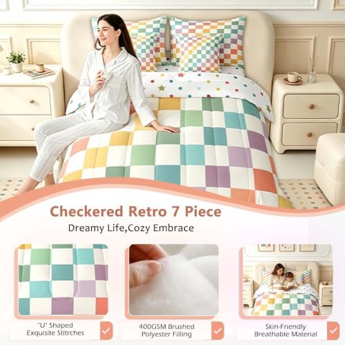 Feelyou Multicolored Checkered Retro 7 Piece Bedding Set Kids Boys Geometric Vintage Comforter Set with Sheets Queen Size Green Yellow Colorful Bed in a Bag Modern Simple Groovy Aesthetic Room Decor