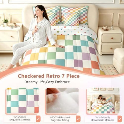 Feelyou Multicolored Checkered Retro 7 Piece Bedding Set Kids Boys Geometric Vintage Comforter Set with Sheets Queen Size Green Yellow Colorful Bed in a Bag Modern Simple Groovy Aesthetic Room Decor