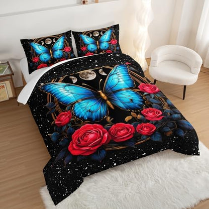 Blue Butterfly Comforter Set Twin Size,Red Rose Comforter Butterfly Bedding Sets for Kids Girls Teens Room Decor Aesthetics,Animal Themed Comforter Floral Bedding Sets with 2 Pillowcases.