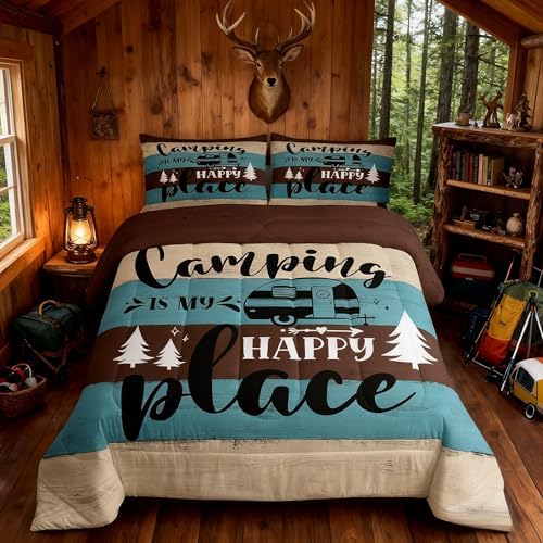 Camper Adventure Kids Comforter Set Queen Size,Happy Camping Rustic Farmhouse Cabin Bedding Set,Girls Boys Room Decor,RV Pine Tree Nature Quilt Comforter,Brown Country Duvet Insert,2 Pillowcases