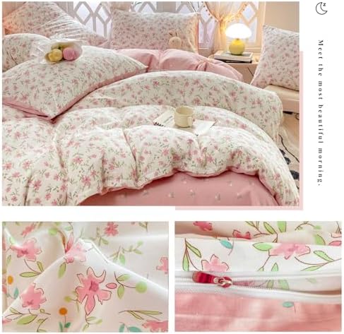 VM VOUGEMARKET Vintage Pink Floral Duvet Cover Queen Cotton Garden Flower Duvet Cover for Teen Girls Reversible Cute Pink White Bedding Set