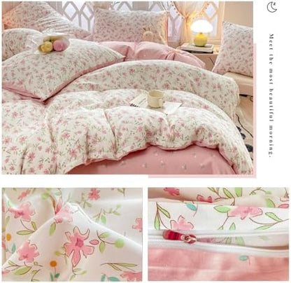 VM VOUGEMARKET Vintage Pink Floral Duvet Cover Queen Cotton Garden Flower Duvet Cover for Teen Girls Reversible Cute Pink White Bedding Set