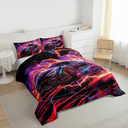 Feelyou Sports Car Comforter Set Toddler Size Lightning Bolts Bedding Set for Kids Boys Girls Race Car Duvet Quilt Speed Sports Games Bedroom Decor Cool Modern Microfiber 2 Pcs with 1 Pillow Cases