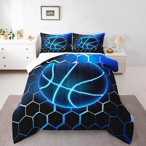 Manfei Basketball Comforter Set King Size, Blue Honeycomb Bedding Set 3pcs for Kids Boys Teen Bedroom Decor, Sports Gaming Theme Quilt Set Geometric Neon Lines Duvet Set with 2 Pillowcases