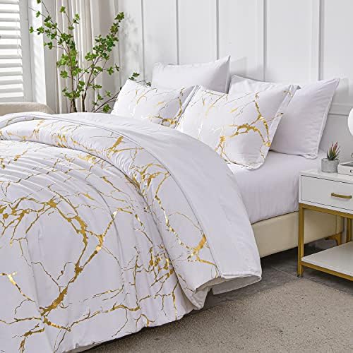 Yogeneg Gold Metallic Marble King Size Comforter Set,7 Piece Bed in a Bag,Foil Print Glitter White Comforter and Sheet Set,All Season Soft Microfiber Complete Bedding Sets(White,King)
