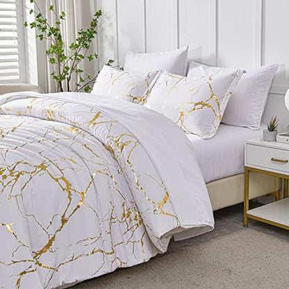 Yogeneg Gold Metallic Marble Comforter Set Queen Size,7 Piece Bed in a Bag,Foil Print Glitter White Comforter and Sheet Set,All Season Soft Microfiber Complete Bedding Sets(White,Queen)
