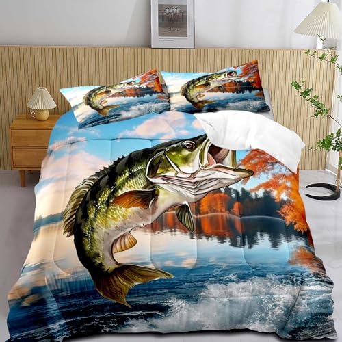 LUVIVIHOME 2PCS Fishing Comforter Set Twin Size, Bass Fish Bedding for Kids Teens Boys, Lake Forest Wildlife Animal Country Rustic Farmhouse Hunting Bedroom Decor, Soft Microfiber Quilt, 1 Pillow Sham