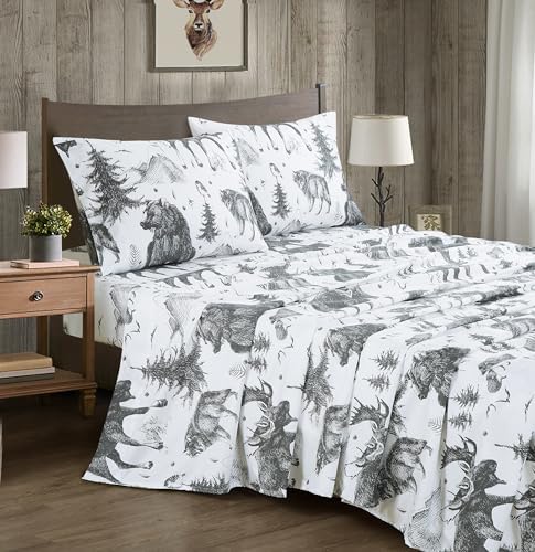 Chezmoi Collection 3-Piece Lodge Sheet Set Twin XL Size - White Gray Black Grizzly Bear Wolves Moose Pine Tree Mountain Printed Brushed Microfiber Lightweight Breathable Deep Pocket Bed Sheets