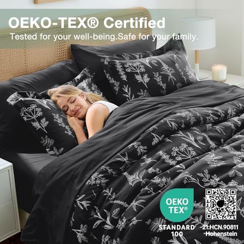 MUXHOMO Black Full Comforter Set, Elegant Floral Print Bed in a Bag 7 Pieces, Ultra Soft & Breathable Reversible Botanical Pattern Bedding Set with Comforter, Sheets, Pillowcases, and Shams