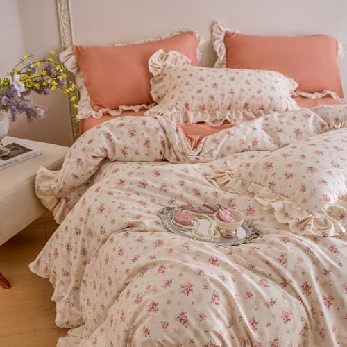 Vintage Floral Duvet Cover Set Queen, 100% Cotton Ruffle Lace Comforter Cover with 2 Pillowcases, Aesthetic Cottagecore Flower Duvet Cover with Zipper Closure, Romantic Girls Princess Bedding Set