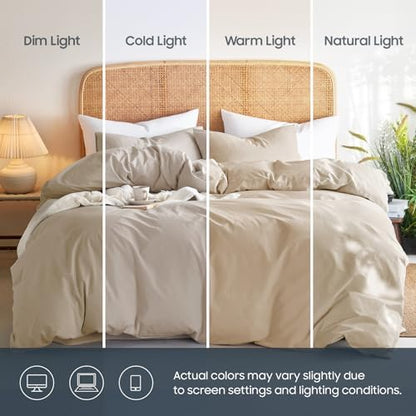 Wake In Cloud - Cotton Duvet Cover Set, 100% Washed Cotton, Linen Like Textured, Breathable Durable Comfy Farmhouse Neutral Bedding Set, 3 Pieces, Khaki Linen, Twin/Twin XL Size