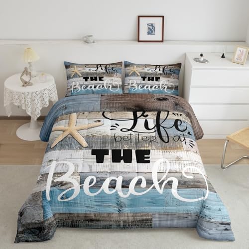 Castle Fairy Rustic Farmhouse Comforter Set King Size Beach Life Bedding 3pcs for Room Decor Blue Grey Stripes Quilted Duvet Ocean Starfish Cabin Wood Insert,2 Pillowcases(CYJS9693ZMD-BZ_USk)