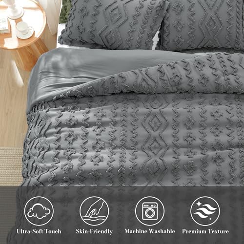 Amélie Home Tufted Boho Comforter Set Twin Size, 2 Pieces Soft Textured Bed Set, Lightweight Breathable Comforter for All Seasons, Farmhouse Shabby Chic Jacquard Bedding, Cozy Gift for Women, Grey
