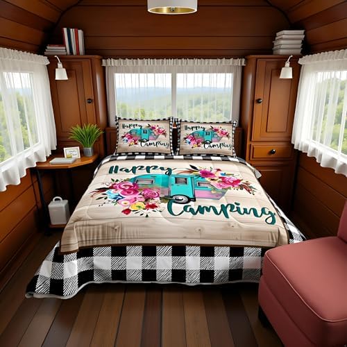 Manfei RV Happy Travelling Comforter Set Twin,Camper Adventure Car Bedding Set 2pcs for Kids Teens Adults Trailer Decor,Wooden Plaid Vintage Quilt Set,Farmhouse Duvet Insert with 1 Pillowcase