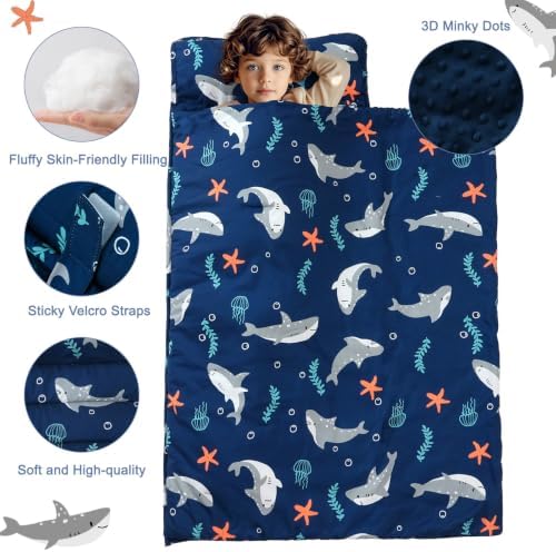 PHF Toddler Nap Mat with Removable Pillow and Minky Blanket, Rollup Design Kids Sleeping Mat, Slumber Bags for Boys, 55"x23" Toddler Sleeping Bag for Daycare Preschool Travel Camping, Shark