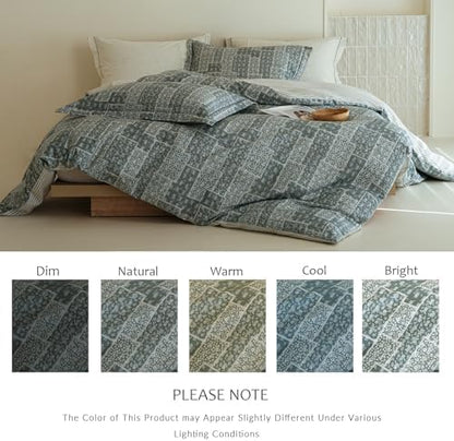 Grey Patchwork Comforter King Size - 100% Cotton Striped Reversible Comforter Set, Soft and Breathable Bedding Set for All Season, 3 Pieces