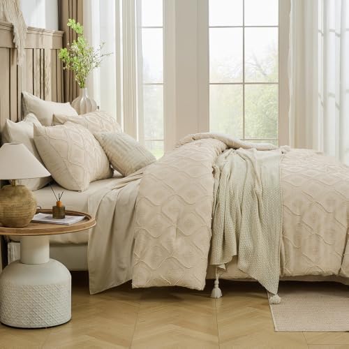 7 Pieces Beige Boho Queen Comforter Set with Sheets, Boho Bohemian Embroidery Jacquard Tufts Queen Bedding Set for All Season,Tufted Bedding Set with Sheets