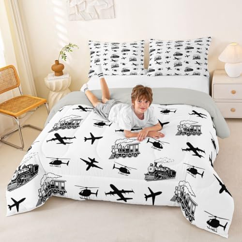 Feelyou Retro Vintage Train Comforter Set Queen Size Airplane Print Bedding Set for Kids Boys Girls Aircraft Transport Vehicles Duvet Quilt Bedroom Decor Microfiber 3 Pcs with 2 Pillow Cases