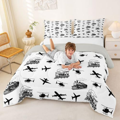 Feelyou Retro Vintage Train Comforter Set Full Size Airplane Print Bedding Set for Kids Boys Girls Aircraft Transport Vehicles Duvet Quilt Bedroom Decor Microfiber 3 Pcs with 2 Pillow Cases