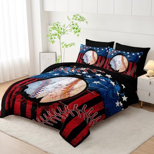 HOSIMA 7Pcs Baseball Queen Comforter Set with Sheets Sports Bedding.