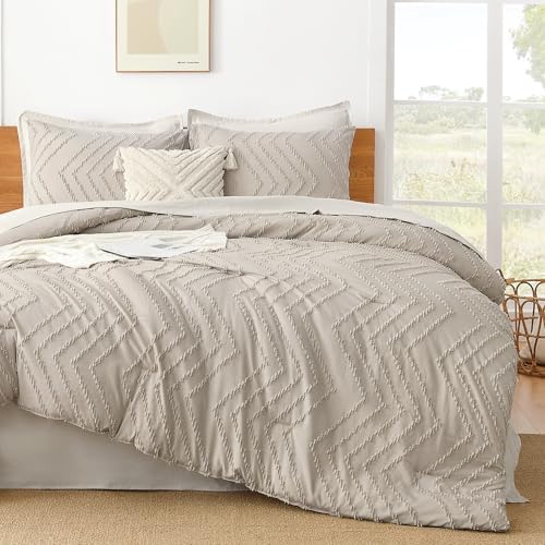 Litanika Light Oatmeal Queen Comforter Set, 3 Pcs Boho Tufted Bedding Set