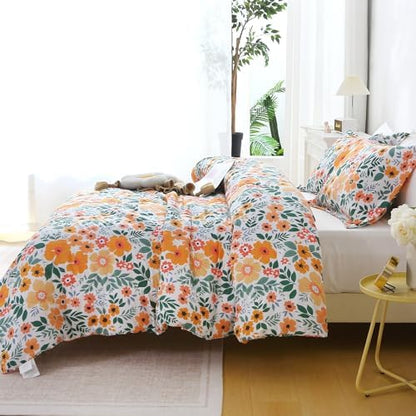 Mooreeke Floral Queen Size Comforter Sets, Green and Yellow Botanical Patterned Bedding for All Seasons, 3-Piece Vintage Bed in a Bag with Fluffy Quilted Reversible Comforter & 2 Pillow Shams