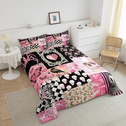 Halloween Crow Comforter Set Twin Size,Suger Skull Rose Flowers Spider Print Bedding Set,Patchwork Pink Black Grid Striped Quilt Set,Gothic Boho Duvet Insert Kids Girls Teens Halloween Decor