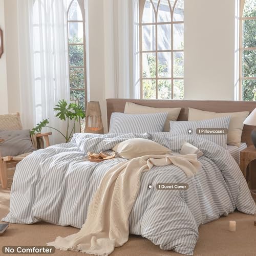 MooMee Striped Duvet Cover Set 100% Washed Cotton Linen Like Twin