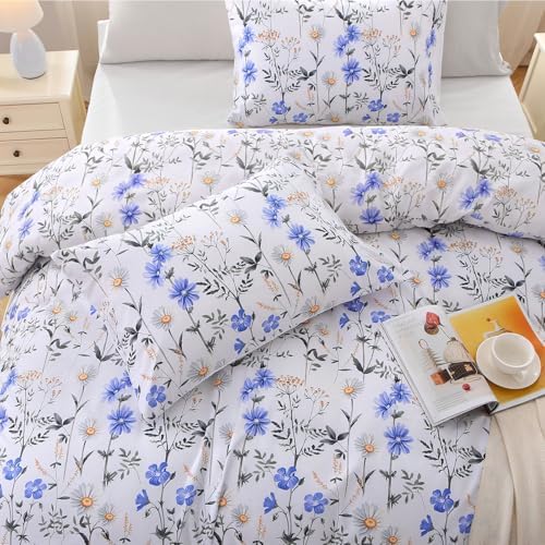 MUXHOMO Blossom Blue Bed in a Bag Queen 7 Pieces, Queen Comforter Set Reversible Botanical Flowers Design, Ultra Soft & Breathable Bedding Sets with Comforter, Sheets, Pillowcases & Shams